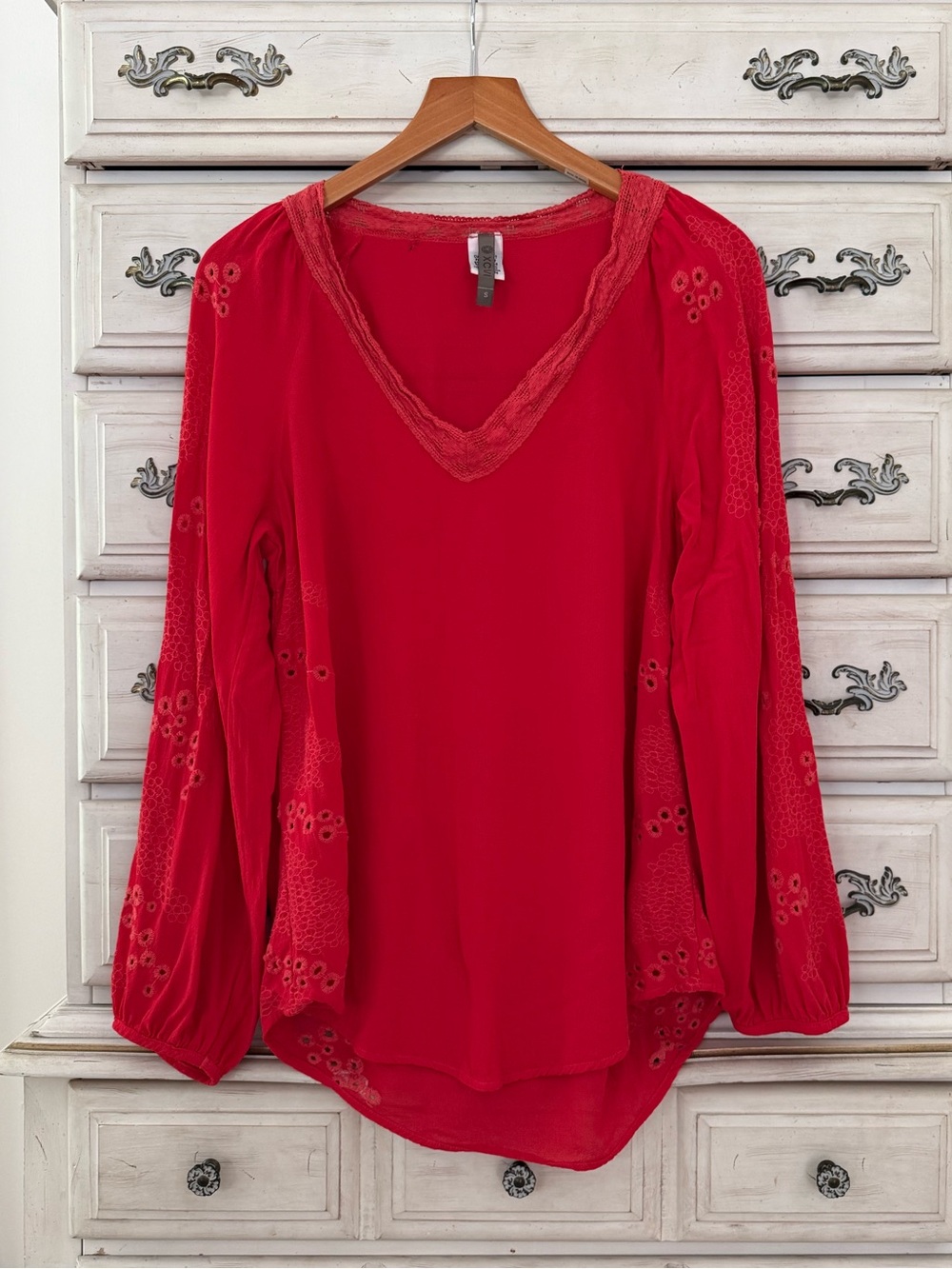 XCVI Red Eyelet Boho Blouse Top